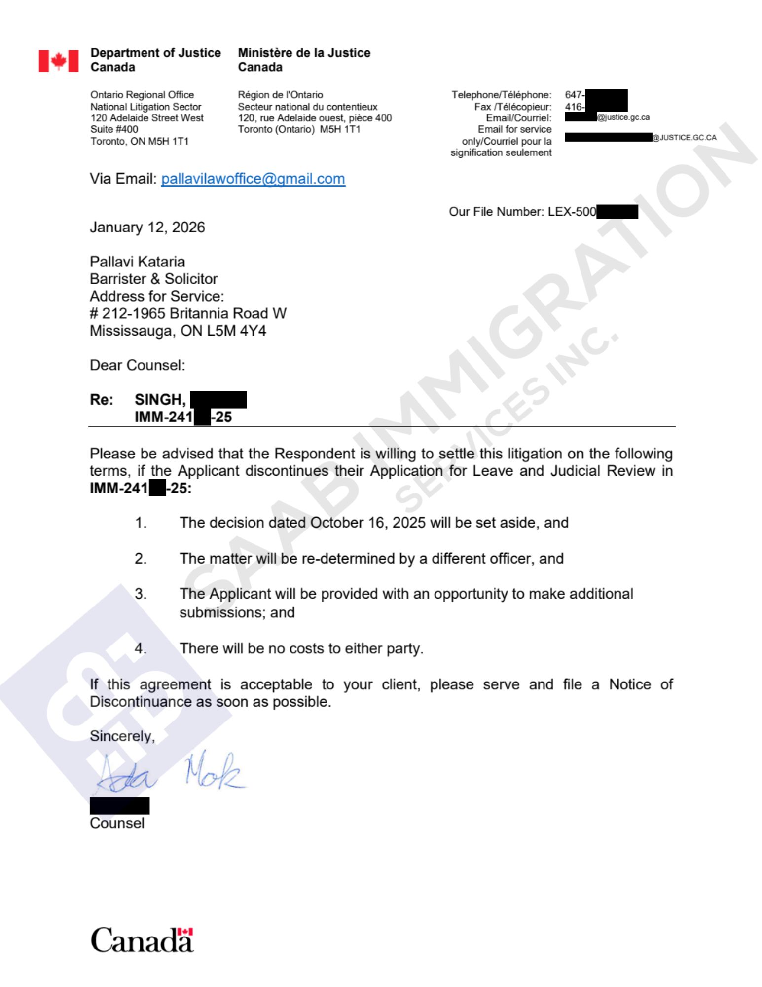 Federal Court judicial review settlement offer refusal set aside immigration