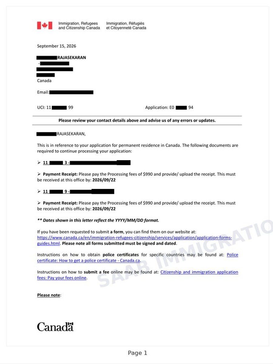 Redacted IRCC letter dated 15 September 2026 requesting processing fees of $990 each for two additional applicants, confirming the spouse and child as accompanying family members