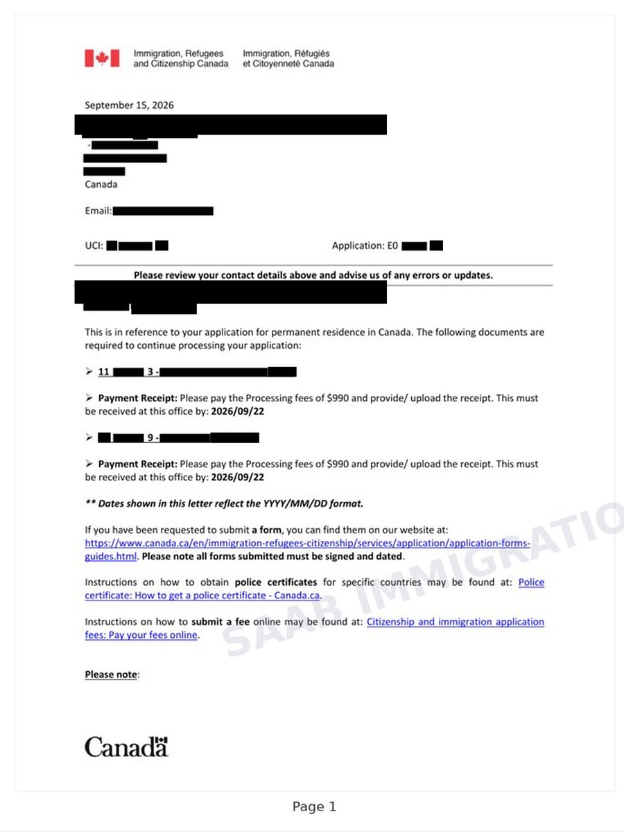 Redacted IRCC letter dated 15 September 2026 requesting processing fees of $990 each for two additional applicants, confirming the spouse and child as accompanying family members