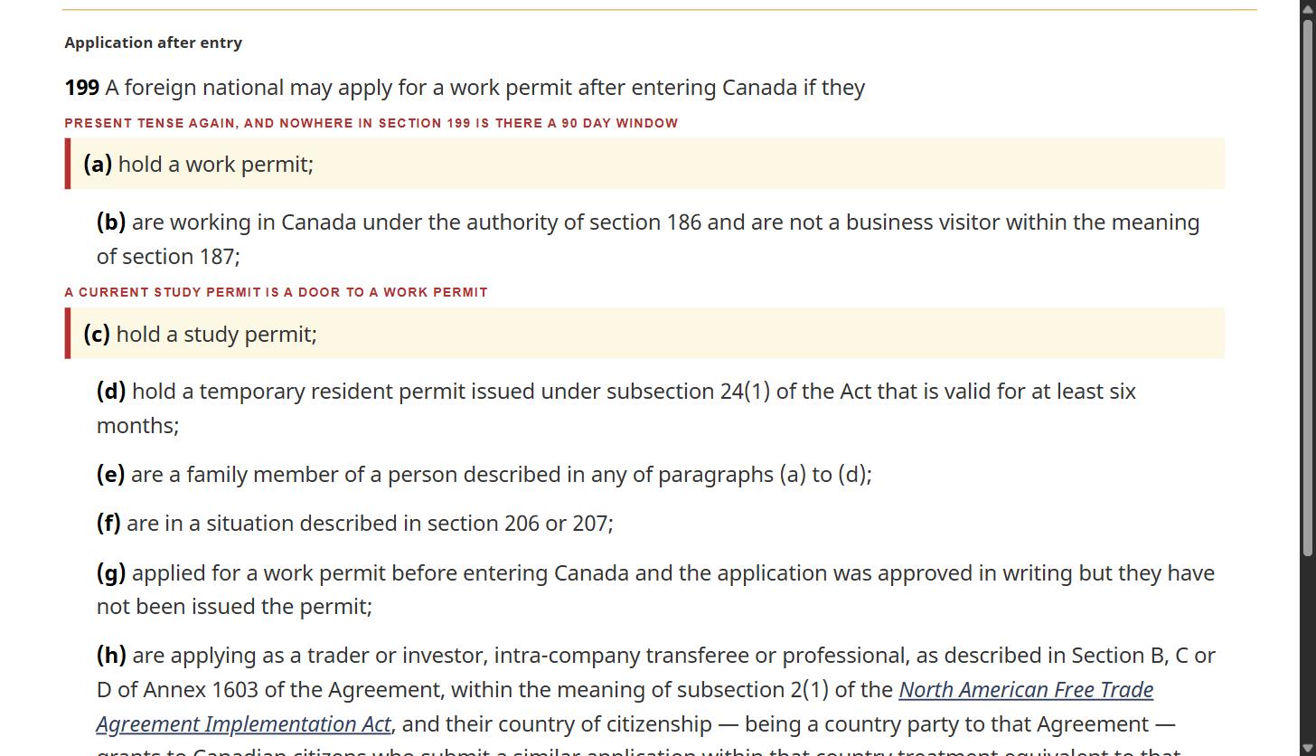 Section 199 of the Regulations, who may apply for a work permit after entering Canada, showing no 90 day window in the provision
