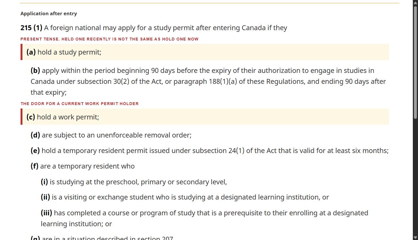 Section 215(1) of the Immigration and Refugee Protection Regulations with paragraph (a) hold a study permit and paragraph (c) hold a work permit highlighted