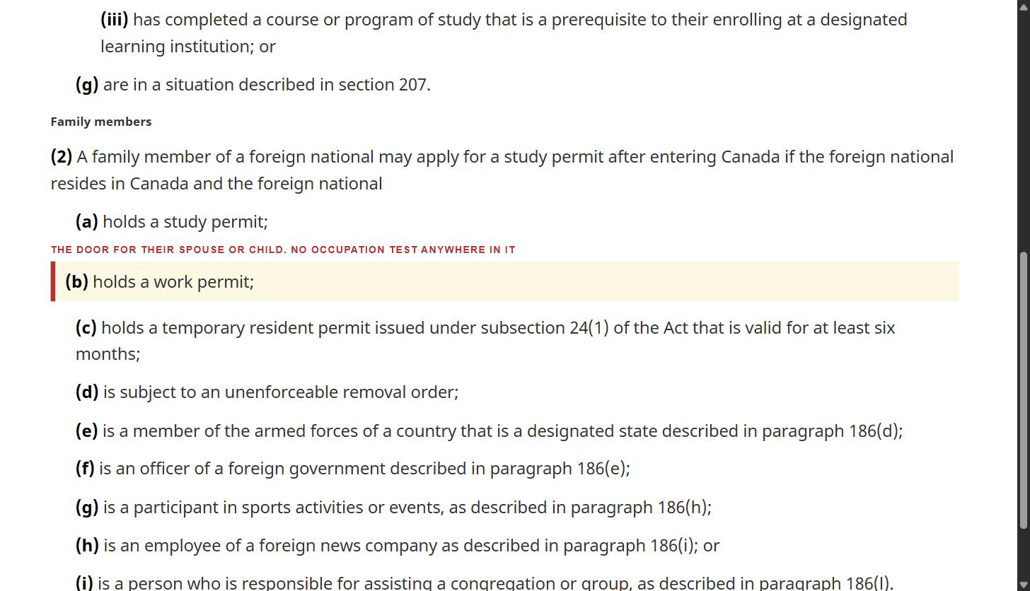 Section 215(2) of the Regulations with paragraph (b) holds a work permit highlighted, showing no TEER or occupation test for a family member applying for a study permit from inside Canada