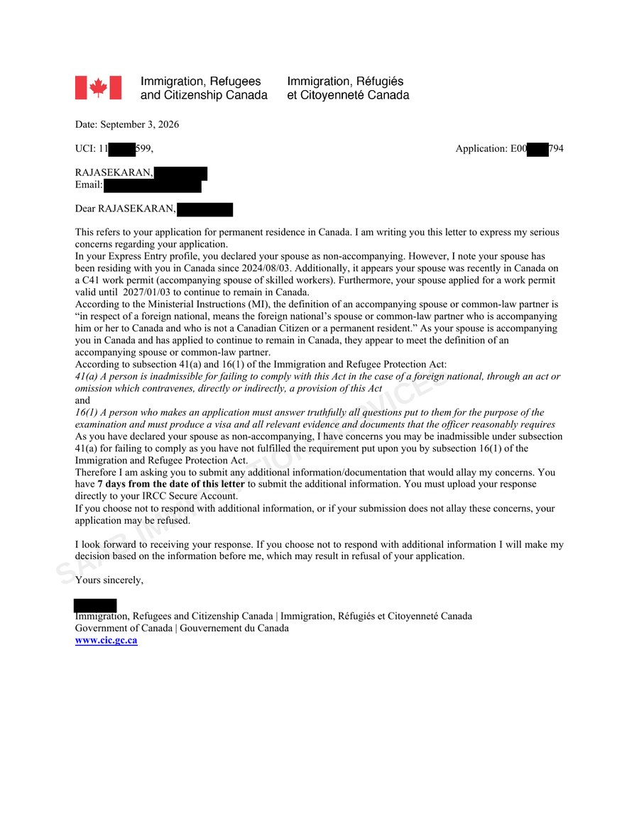 Redacted IRCC procedural fairness letter citing paragraph 41(a) and subsection 16(1) over a spouse declared non-accompanying, giving seven days to respond