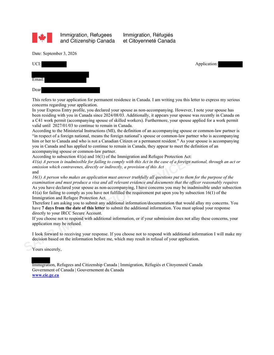 Redacted IRCC procedural fairness letter citing paragraph 41(a) and subsection 16(1) over a spouse declared non-accompanying, giving seven days to respond